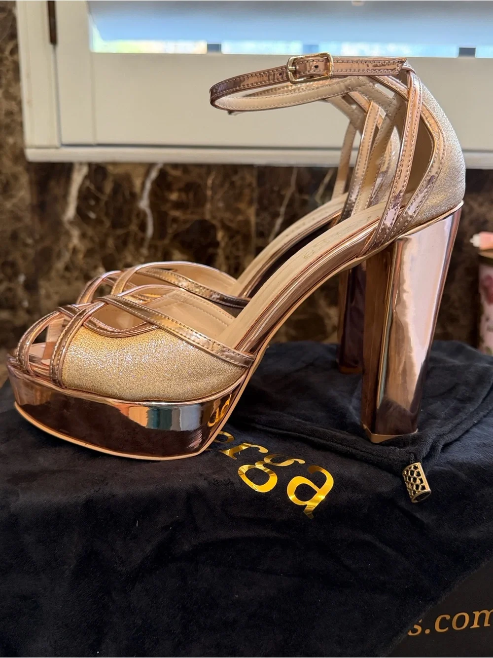 Zerga-“Sindo”- Rose Gold Metallic/Mirror Glitter Platform High Heel Sandals-Sz 9